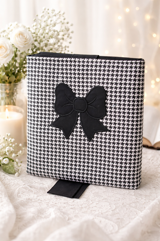 Black and White Houndstooth Bible/Book Sleeve with Bow Accent