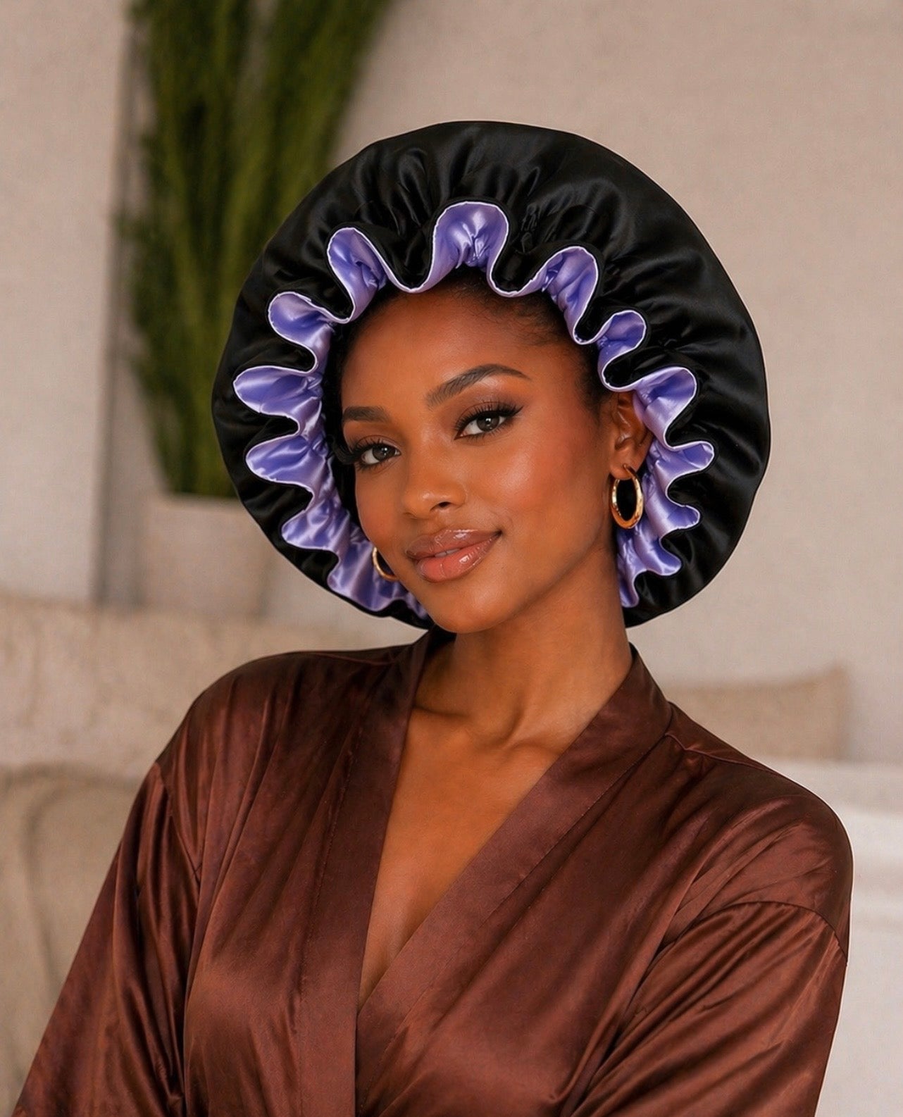 Reversible Satin Hair Bonnet-Lilac and Black