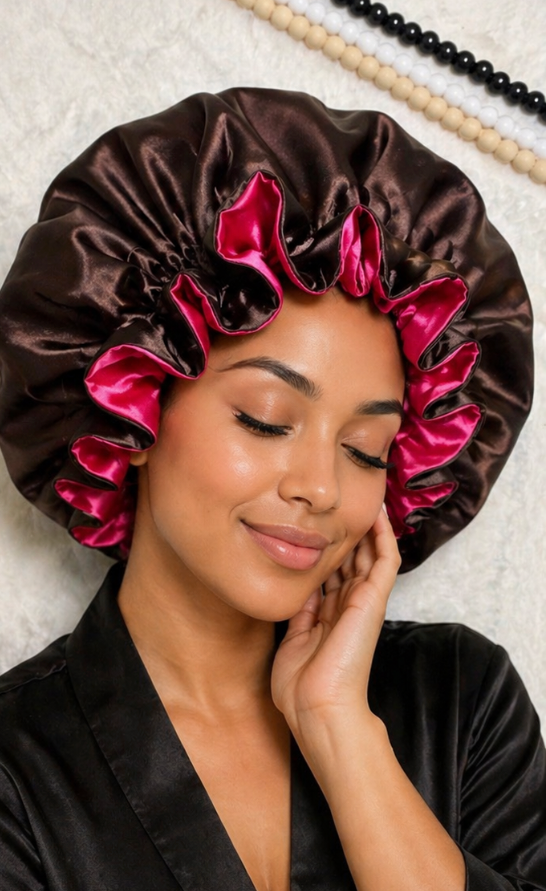 Reversible Satin Hair Bonnet - Chocolate and Hot pink