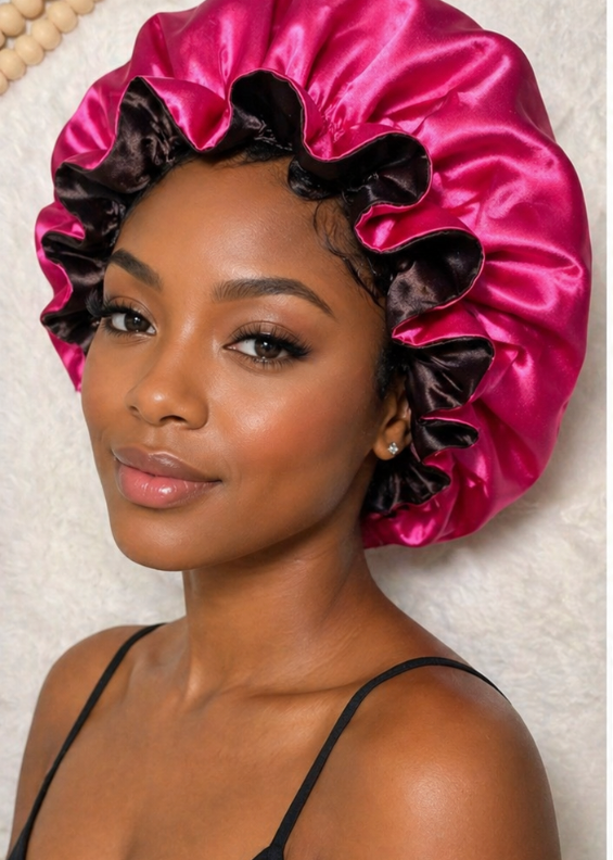 Reversible Satin Hair Bonnet - Chocolate and Hot pink